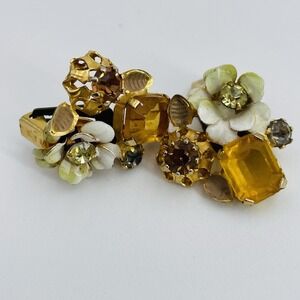 Vintage Austria Amber Colored Rhinestone Flowers Patented Clip On Earrings
